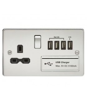 Flat plate 13A switched socket with quad USB charger - polished chrome with black insert