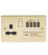 Flat plate 13A switched socket with quad USB charger - polished brass with black insert