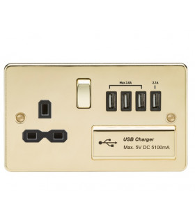 Flat plate 13A switched socket with quad USB charger - polished brass with black insert