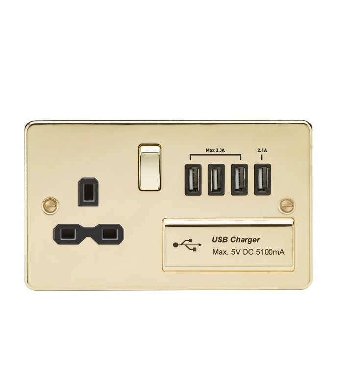 Flat plate 13A switched socket with quad USB charger - polished brass with black insert
