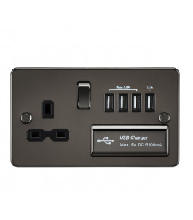 Flat plate 13A switched socket with quad USB charger - gunmetal with black insert