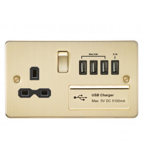 Flat plate 13A switched socket with quad USB charger - brushed brass with black insert