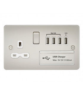 Flat plate 13A switched socket with quad USB charger - pearl with white insert