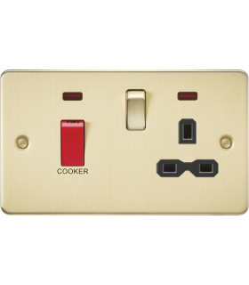Flat plate 45A DP switch and 13A switched socket with neon - brushed brass with black insert