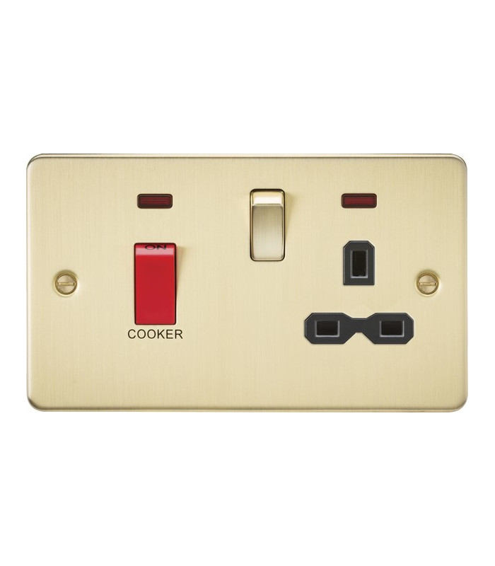 Flat plate 45A DP switch and 13A switched socket with neon - brushed brass with black insert