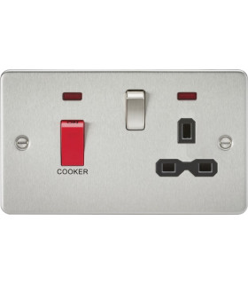 Flat plate 45A DP switch and 13A switched socket with neon - brushed chrome with black insert