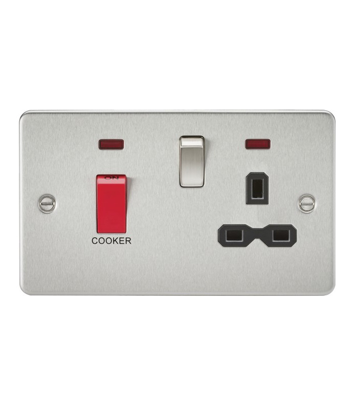 Flat plate 45A DP switch and 13A switched socket with neon - brushed chrome with black insert
