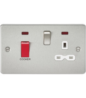 Flat plate 45A DP switch and 13A switched socket with neon - brushed chrome with white insert