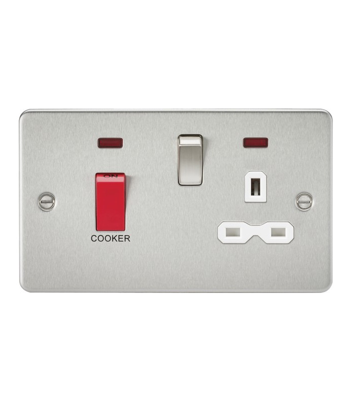 Flat plate 45A DP switch and 13A switched socket with neon - brushed chrome with white insert