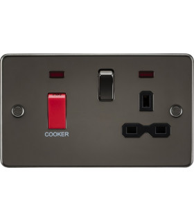 Flat plate 45A DP switch and 13A switched socket with neon - gunmetal with black insert