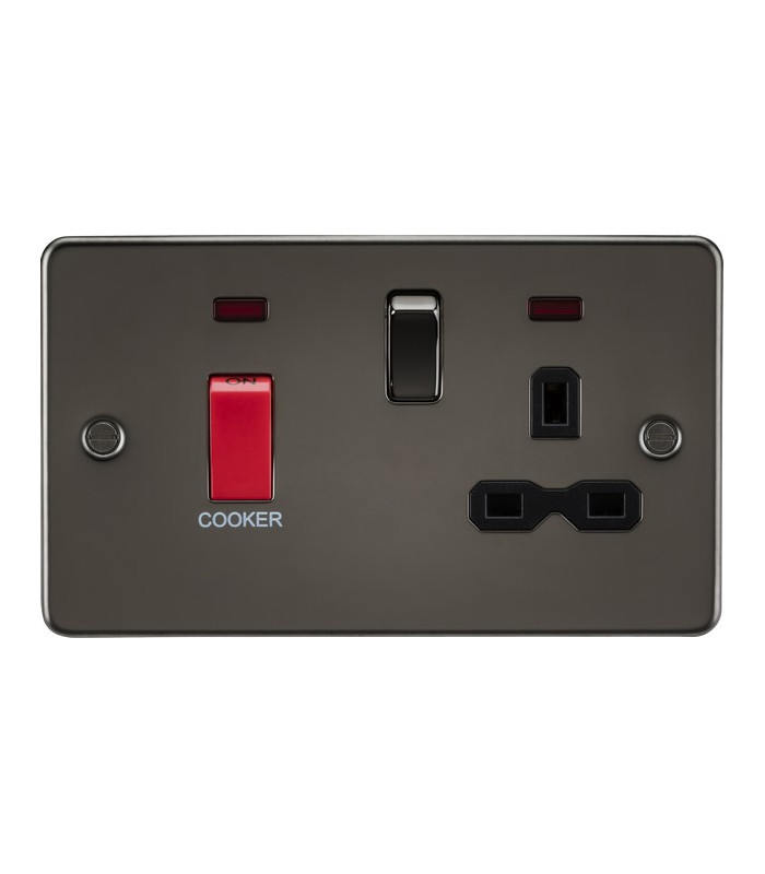 Flat plate 45A DP switch and 13A switched socket with neon - gunmetal with black insert