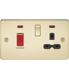 Flat plate 45A DP switch and 13A switched socket with neon - polished brass with black insert