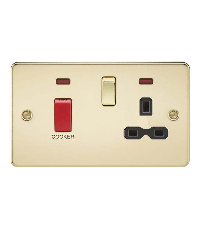 Flat plate 45A DP switch and 13A switched socket with neon - polished brass with black insert