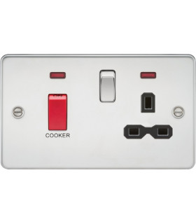 Flat plate 45A DP switch and 13A switched socket with neon - polished chrome with black insert