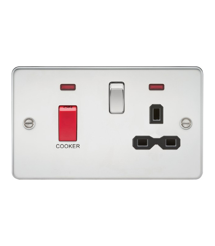 Flat plate 45A DP switch and 13A switched socket with neon - polished chrome with black insert