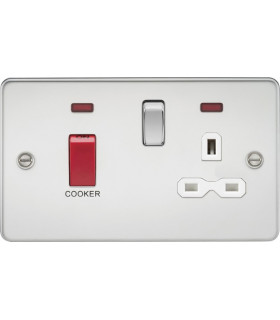 Flat plate 45A DP switch and 13A switched socket with neon - polished chrome with white insert