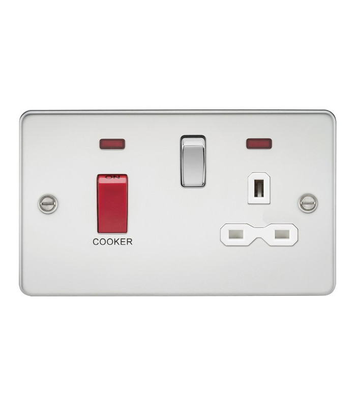 Flat plate 45A DP switch and 13A switched socket with neon - polished chrome with white insert