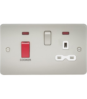Flat plate 45A DP switch and 13A switched socket with neon - pearl with white insert