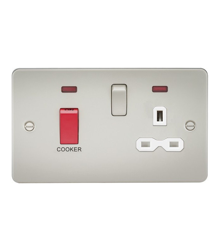 Flat plate 45A DP switch and 13A switched socket with neon - pearl with white insert