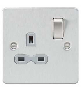 Flat plate 13A 1G DP switched socket - brushed chrome with grey insert