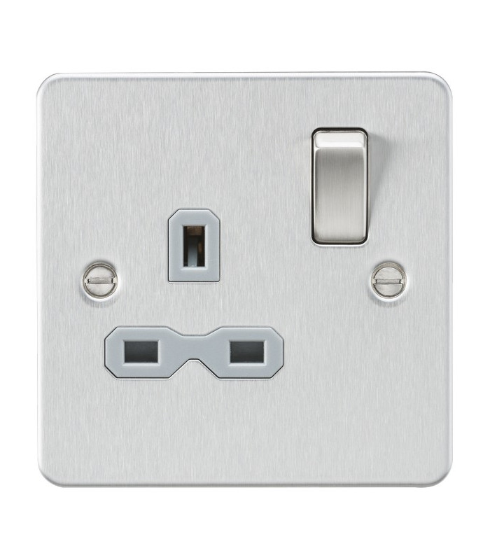 Flat plate 13A 1G DP switched socket - brushed chrome with grey insert
