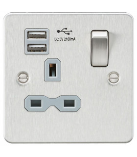 Flat plate 13A 1G switched socket with dual USB charger (2.1A) - brushed chrome with grey insert