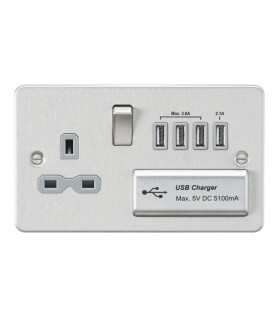 Flat plate 13A switched socket with quad USB charger - brushed chrome with grey insert