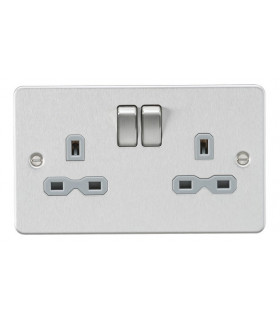 Flat plate 13A 2G DP switched socket - brushed chrome with grey insert