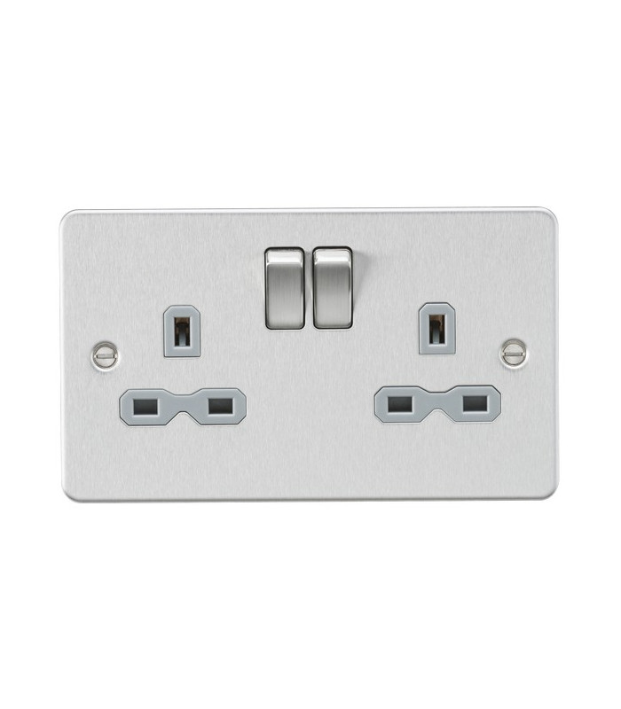 Flat plate 13A 2G DP switched socket - brushed chrome with grey insert