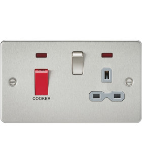 Flat plate 45A DP switch and 13A switched socket with neon - brushed chrome with grey insert
