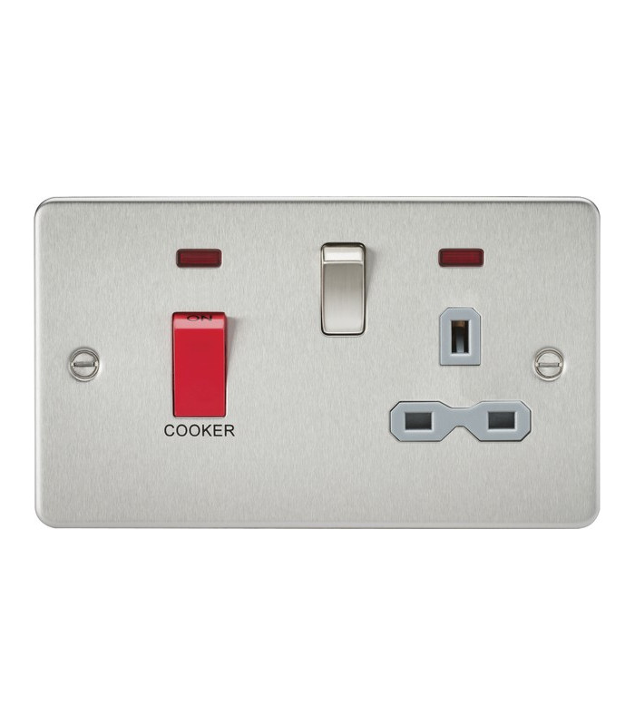 Flat plate 45A DP switch and 13A switched socket with neon - brushed chrome with grey insert