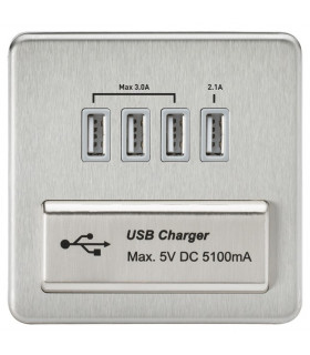 Screwless Quad USB Charger Outlet (5.1A) - Brushed Chrome with Grey Insert