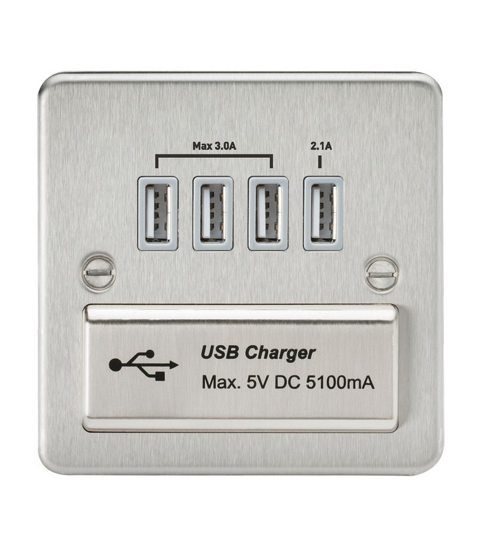 Flat Plate Quad USB charger outlet - Brushed chrome with grey insert