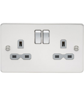 Flat plate 13A 2G DP switched socket - polished chrome with grey insert