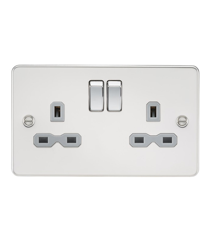 Flat plate 13A 2G DP switched socket - polished chrome with grey insert