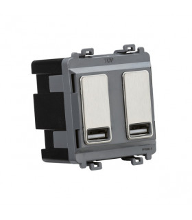 Dual USB charger module (2 x grid positions) 5V 2.4A (shared) - brushed chrome