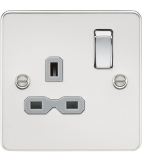 Flat plate 13A 1G DP switched socket - polished chrome with grey insert