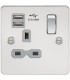 Flat plate 13A 1G switched socket with dual USB charger (2.1A) - polished chrome with grey insert