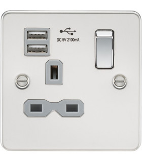 Flat plate 13A 1G switched socket with dual USB charger (2.1A) - polished chrome with grey insert