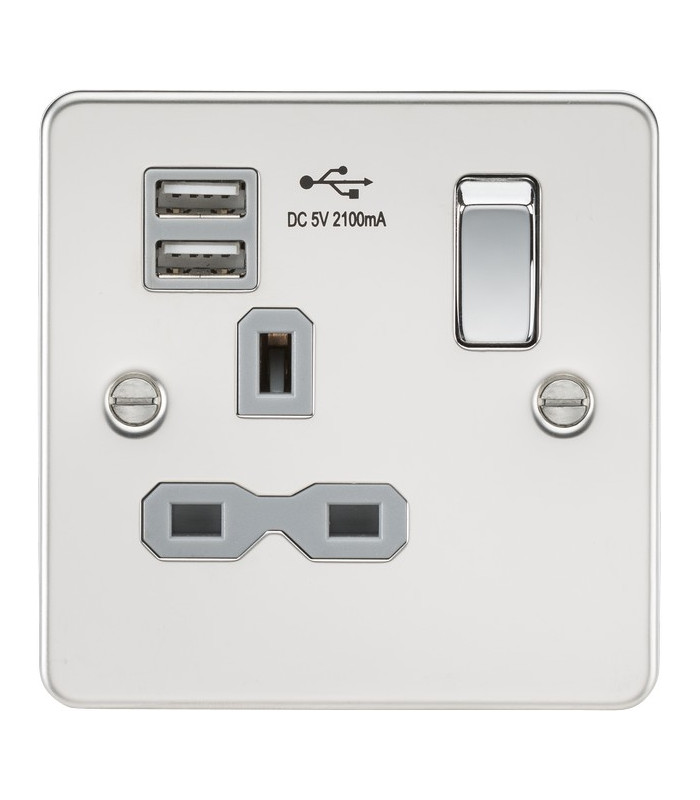 Flat plate 13A 1G switched socket with dual USB charger (2.1A) - polished chrome with grey insert