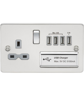 Flat plate 13A switched socket with quad USB charger - polished chrome with grey insert