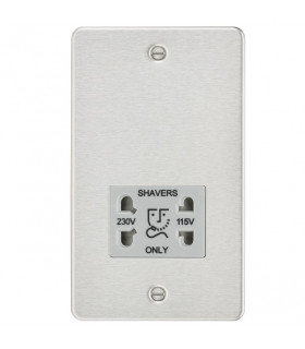 Flat plate 115/230V dual voltage shaver socket - brushed chrome with grey insert