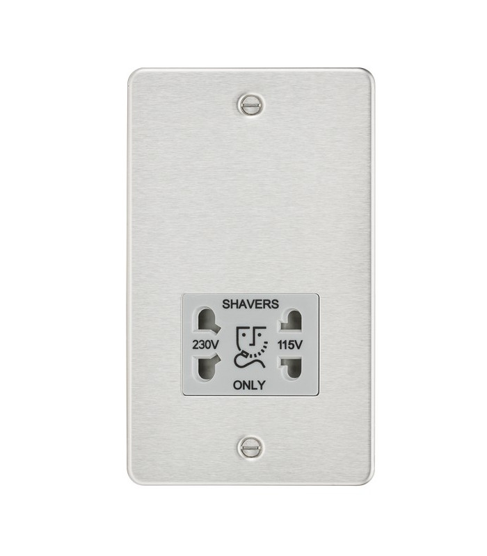 Flat plate 115/230V dual voltage shaver socket - brushed chrome with grey insert