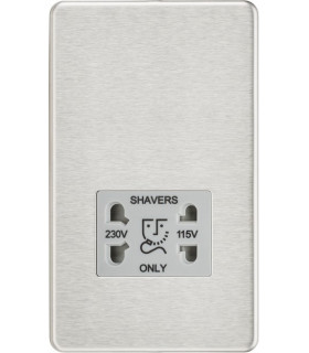 Screwless 115/230V Dual Voltage Shaver Socket - Brushed Chrome with Grey Insert