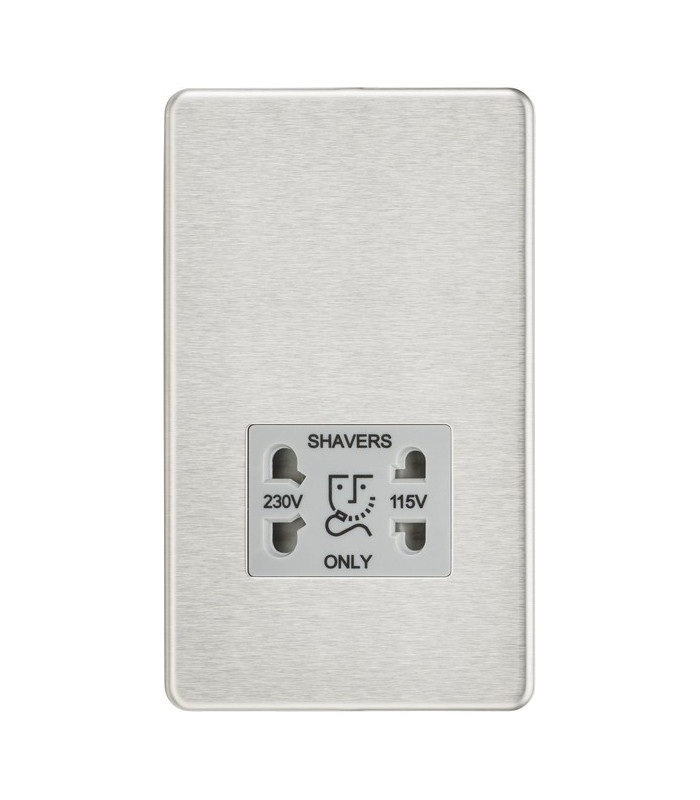 Screwless 115/230V Dual Voltage Shaver Socket - Brushed Chrome with Grey Insert