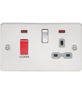 Flat plate 45A DP switch and 13A switched socket with neon - polished chrome with grey insert