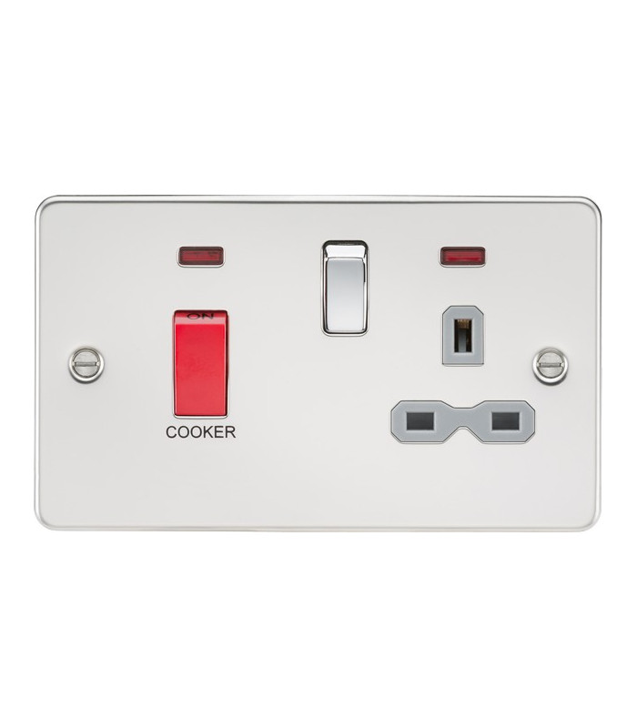 Flat plate 45A DP switch and 13A switched socket with neon - polished chrome with grey insert