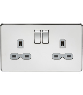 Screwless 13A 2G DP switched socket - polished chrome with grey insert