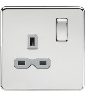 Screwless 13A 1G DP switched socket - polished chrome with grey insert