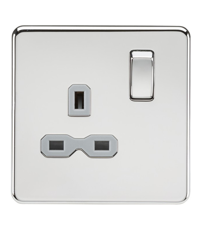 Screwless 13A 1G DP switched socket - polished chrome with grey insert